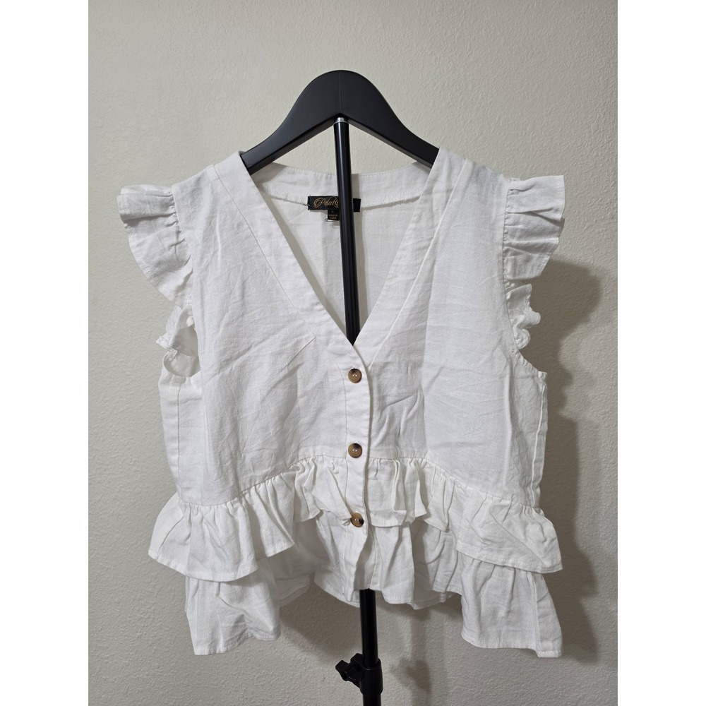 Petal Roz White Linen Blend Ruffle Peplum V-Neck Button Front Blouse Large